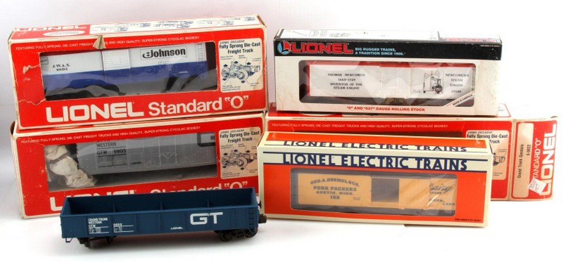 GROUPING OF 5 LIONEL BOX CARS WITH BOXES: Consisting of: Lionel Thomas Newcomen reefer 6-19506, Johnson Wax Box car 6-9803, Hormel reefer 6-19538, Grand Trunck gondola 6-9822, Grand trunk Reefer car 6-9805. All come with original boxing.