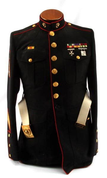 VIETNAM USMC MARINE DRESS TUNIC W BELT & FORM: The uniform form is included, full insignia First SGT. 12 years service. USMC commendation, Purple Heart, USMC Good Conduct, campaign, national defense and Vietnam appreciation, and citation, EGA coll