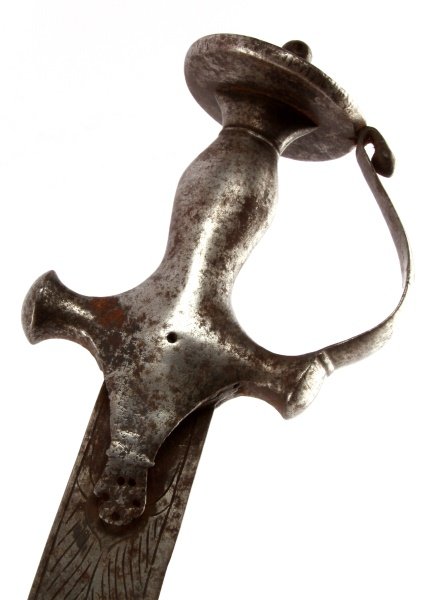 DISTINCTIVE NORTH INDIAN KHARGA JAMADHAR TEG SWORD: A distinctive short sword form from northern India and Nepal (Kora in Nepal). Handle and blade iconography and design indicate that this is an example of the Indian Jamadhar Teg. The blade measures 56