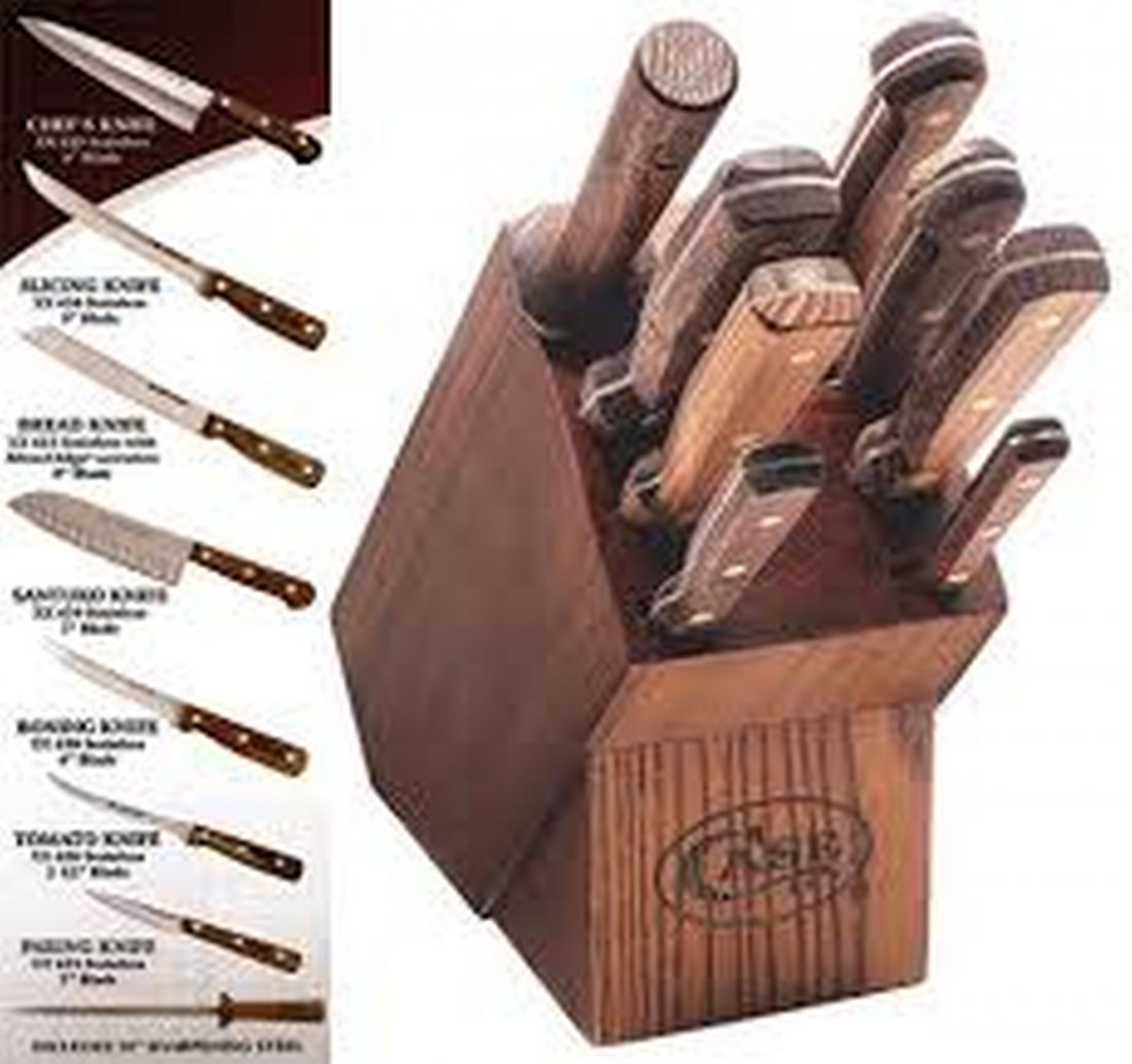 CASE CUTLERY XX NINE PIECE BLOCK KITCHEN SET: One Case Nine Piece block set. Set includes chef's knife, slicing knife, bread knife, santuko knife, boning knife, tomato knife, paring knife, and a 10" sharpening steel. New in box.