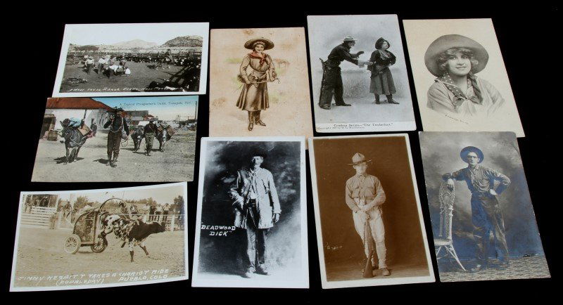 LOT OF 9 RPPC ANTIQUE POSTCARDS WILD WEST COWBOYS: Lot of nine antique postcards including some real photo postcards. Includes a "West Texas Ranch scene", "Deadwood Dick", and "Jimmy Nesbitt Takes a Chariot Ride".