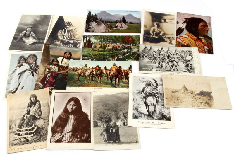 15 VARIED ANTIQUE INDIAN NATIVE AMERICAN POSTCARDS: All different and early 20th century some filled out and stamped, include a Buffalo Bill's Wild West show.