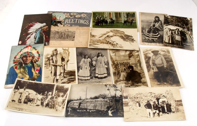 15 VARIED ANTIQUE INDIAN NATIVE AMERICAN POSTCARDS: Early 20th century up to about 1943, some of the descriptions written by some of the senders are very interesting.