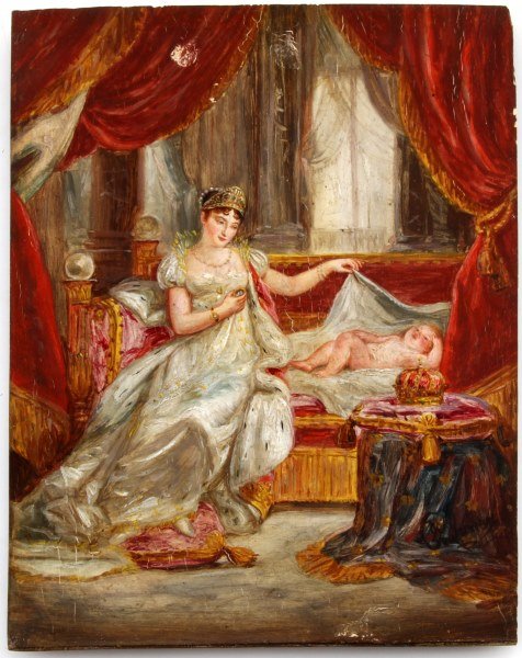 CORONATION OF MARY QUEEN OF SCOTTS OIL ON PANEL: Romantic period oil on panel of a royal scene apparently depicting an infant preparing for a coronation, probably Mary Queen of Scotts. Panel measures 7 1/4" x 6 5/8". Appears to date from the Romanti