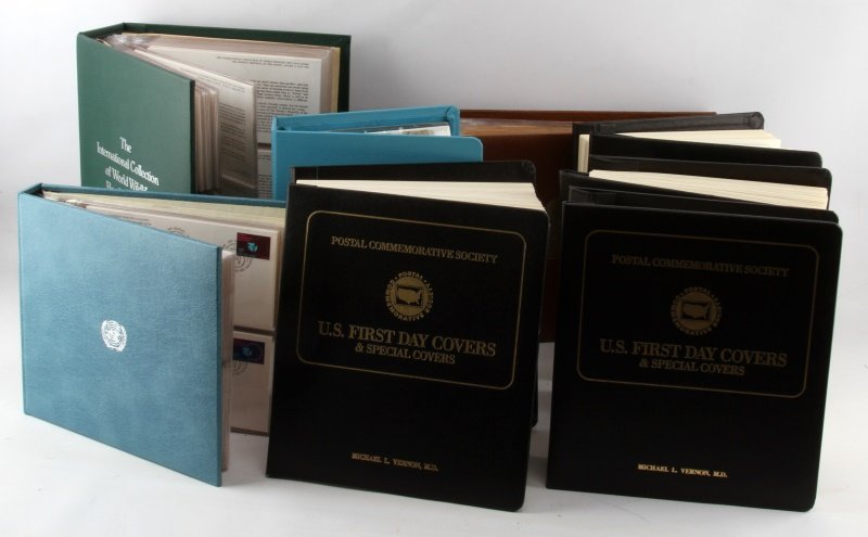 FIRST DAY COVER STAMP ALBUMS FROM THE US AND UN: A total of eight bound albums, 4 of US stamps, 2 of International stamps, and two United Nations stamps volumes. Three US First Day Covers and Special Cover volumes span the years 1977 to 1990. The th