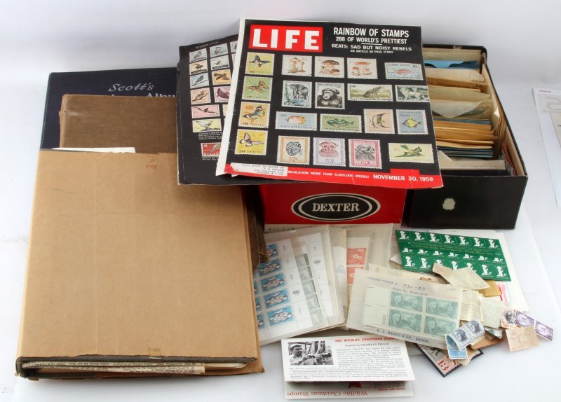 LARGE STAMP COLLECTION US & UN POSTAGE 50S 60S 70S: A large collection of US, UN and international stamps and supplies. The collection includes sorted cancelled stamps, mint sheet sections, FDCs and notebooks with the US Presidents stamps in year order