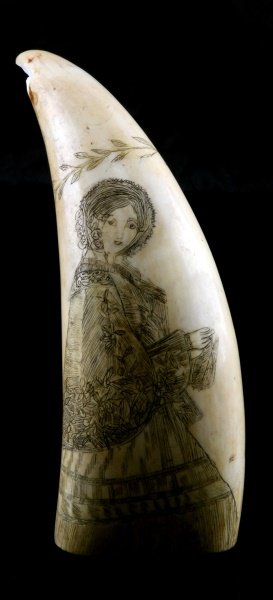 19TH CENTURY SPERM WHALE SCRIMSHAW LADY: Woman in a bonnet incised into tooth. Approximately 6" high. Spit at base, damage and loss at tip. This item is over 100 years old and includes an appraisal.