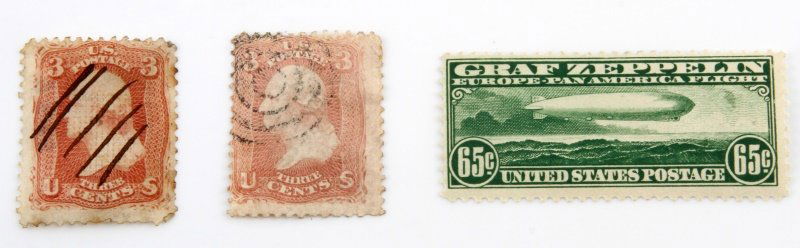 RARE U.S STAMP LOT GRAF ZEPPELIN & WASHINGTON 3 C: 2 Washington stamps one hand cancelled the other stamped, S-83. Graf Zeppelin C-13 mint non hinged full gum.