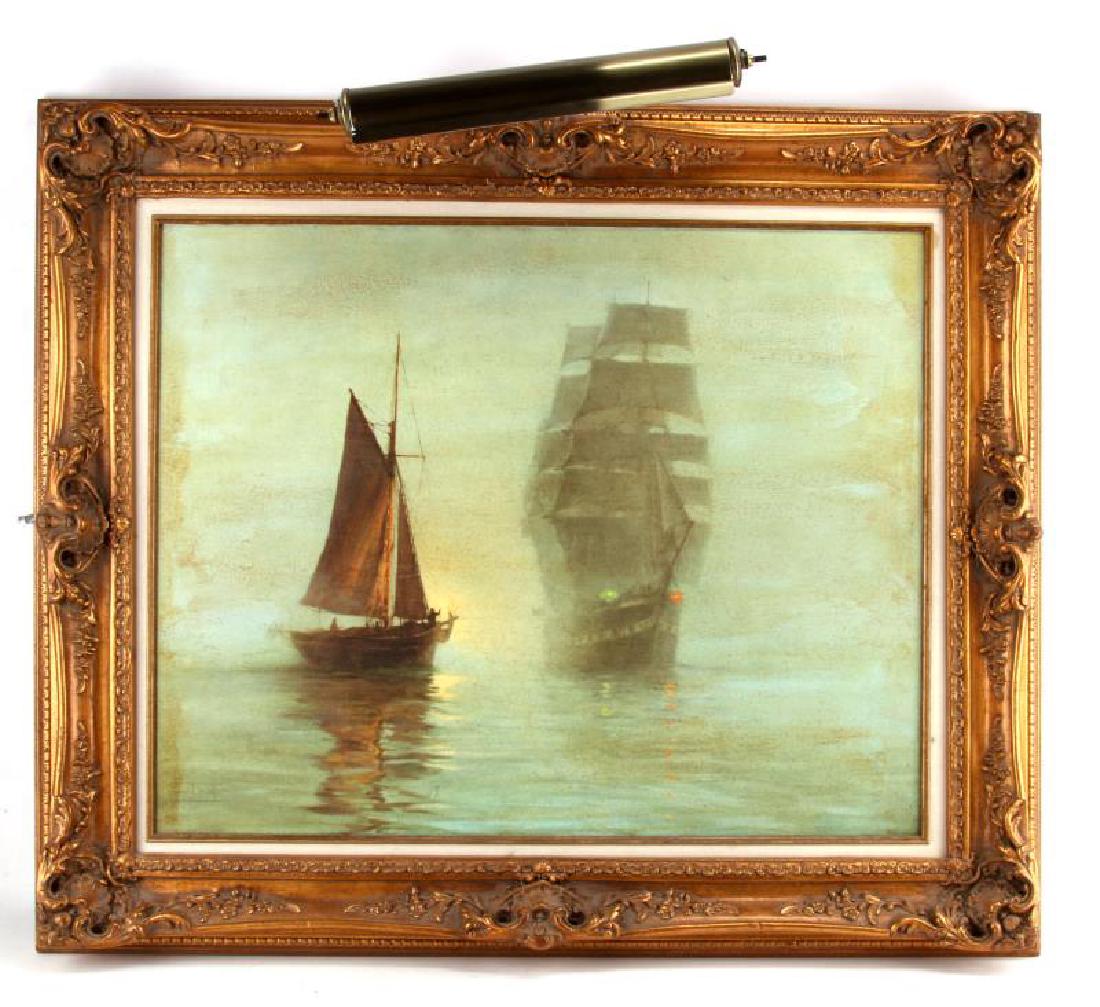 MONTAGUE DAWSON SHIP IN LIGHTED FRAME: Large Montague Dawson "Night Mists" ship varnished giclee on canvas in ornate Baroque frame with mouted lamp. Canvas is 30" x 24", frame measures 39" x 32". Frame is in very good conditon; varnish on 