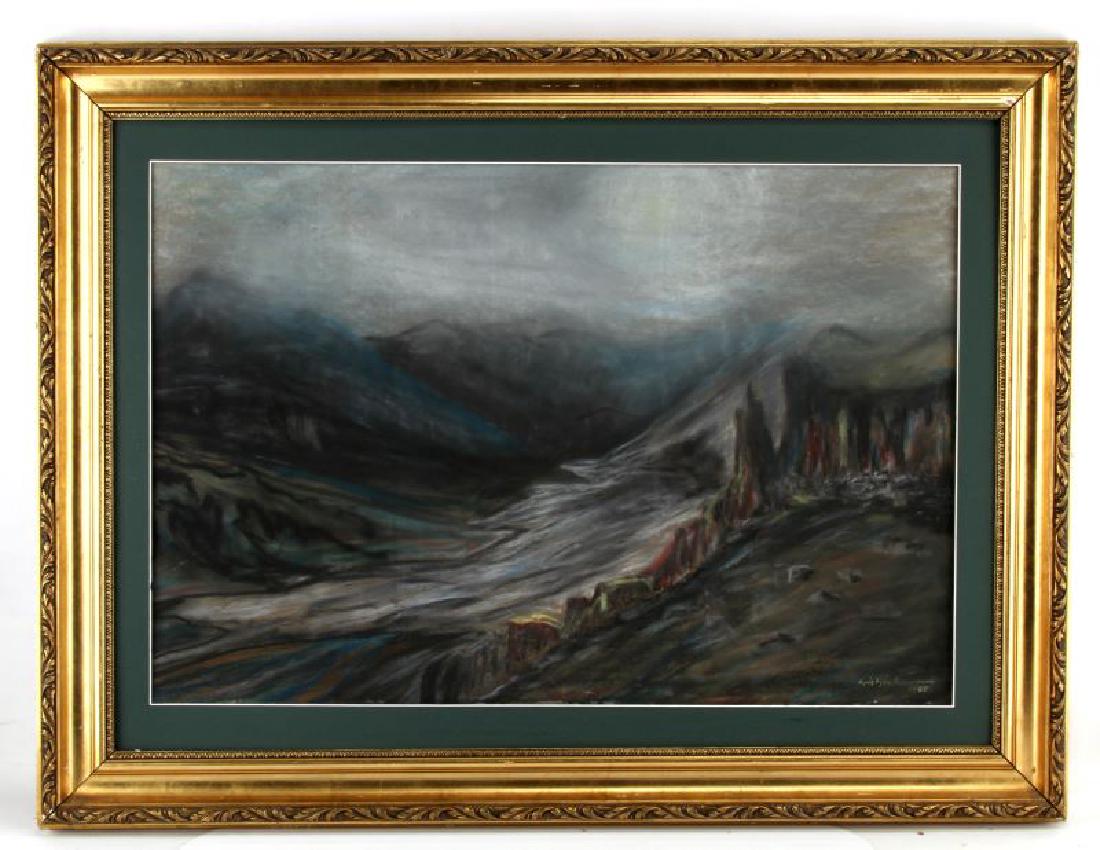 KRISTIAN EINARSSEN CHARCOAL DRAWING ABSTRACT: Chalk and charcoal drawing signed "Kristian Einarssen 1987" Measures 26" x 36" framed. No glass in frame some rippling to paper in the middle.