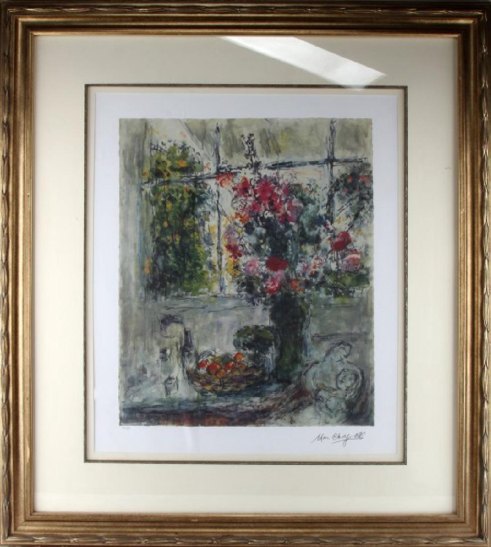 MARC CHAGALL LARGE GICLEE STILL LIFE WITH FLOWERS: Print area measures approximately 20" x 24", frame measures 40" x 46". Facsimile signed. Print has some ripples, frame has some damage at the edges. Great decorative piece.