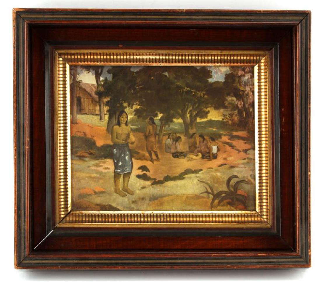 VERY EARLY PRINT OF PAUL GAUGUIN'S TAHITIAN WOMEN: Paul Gauguin (French, 1848-1903), old print in a late 19th, early-20th century frame. Color is drab from aging. Frame has some wear, overall very good conditon. This print may be contemporary to Guagu