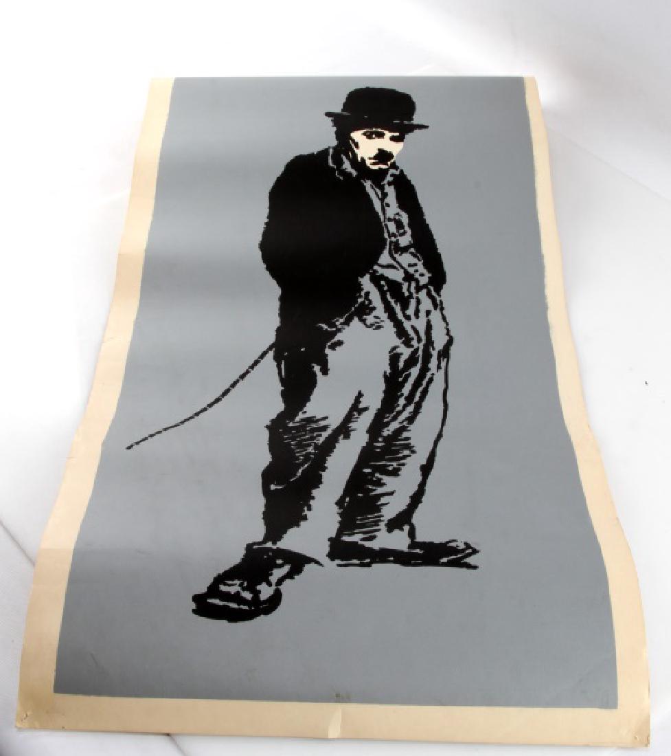 VINTAGE ORIGINAL PAINTED CHARLIE CHAPLIN POSTER: Original stylized painted Charlie Chaplin poster measuring 28 by 13.25 inches. Overall good condition despite a small pin hole in each corner, and some creases on the edges.