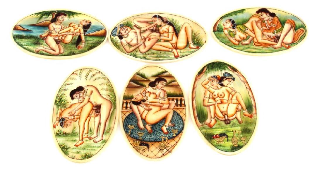 HAND PAINTED SHUNGA EROTIC ART TABLE COASTERS 6: Six Shunga erotic coasters. Hand-painted on bone, oval shape. Six scenes, high detail, vivid color. Each measures 5 by 3 inches. Very good condition. Comes in red hard case.