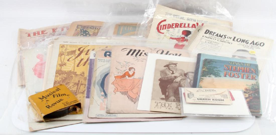 BROADWAY RELATED ITEMS SHEET MUSIC & ADVERTISING: A collection of commercial sheet music with advertisements and other related items. The collection includes two "Songs of Stephen Foster" books, One from 1940 with a full color cover and SweetHeart To