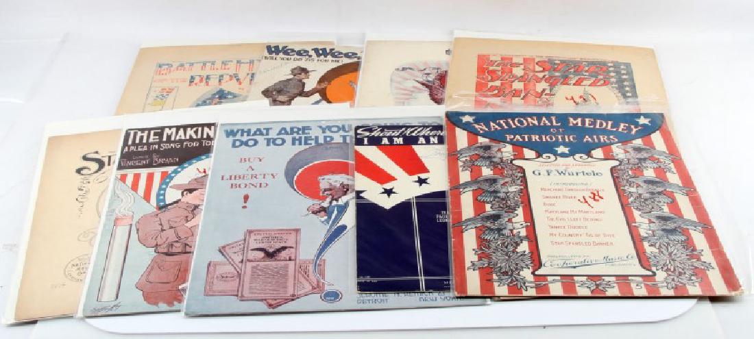 POPULAR US MARTIAL SONGS SHEET MUSIC 1894 TO 1940: A collection of published sheet music associated with the US Military from the Spanish American War to WWII. Song tittles and publishing dates follow. Stars and Stripes (1894), The Star-Spangled Banne