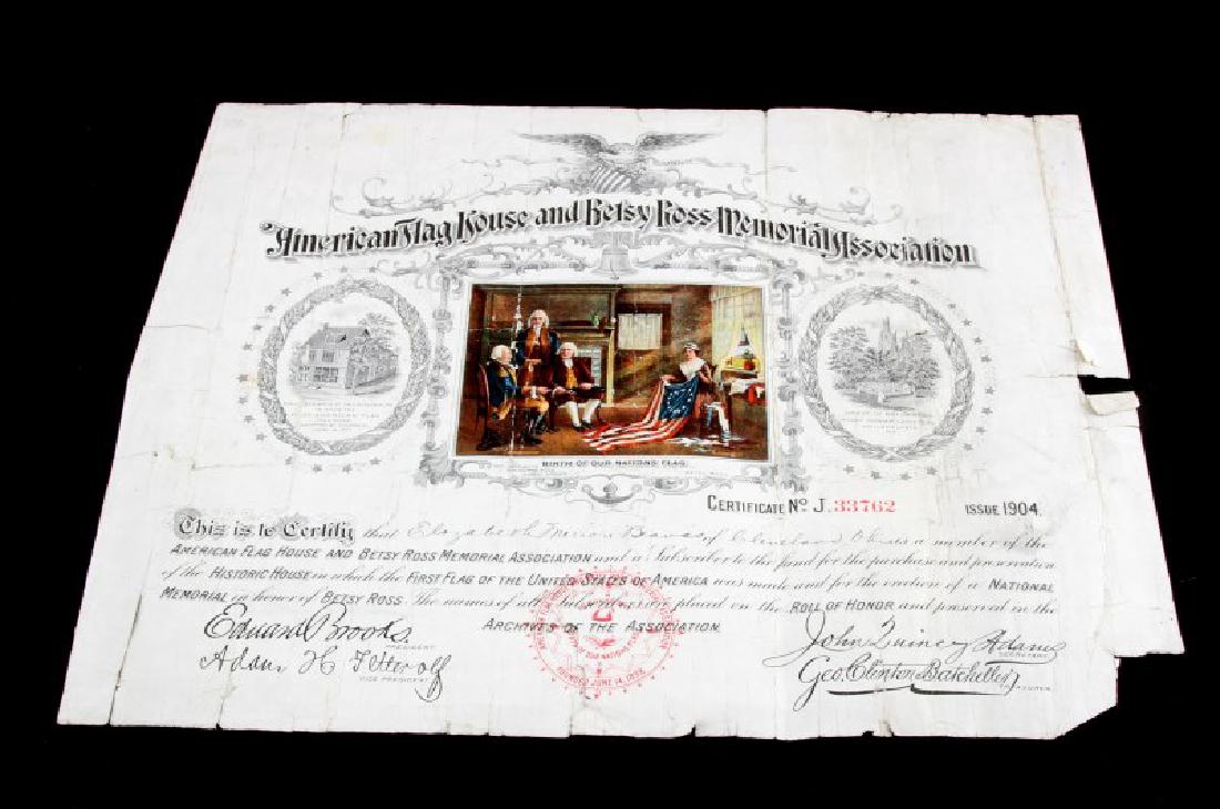 1904 BETSY ROSS MEMORIAL ASSOCIATION CERTIFICATE: American Flag House and Betsy Ross Memorial Association Membership Certificate No. 33762 Issued to Elizabeth Merion Beavis in 1904. The secretary of the association at the time was named John Quincy A