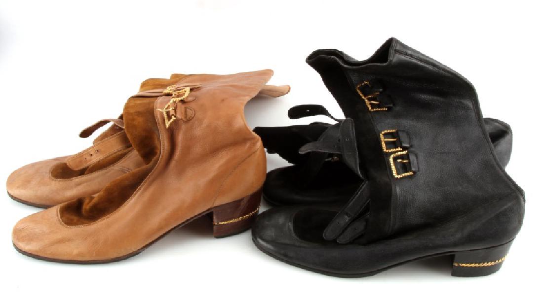 VINTAGE GUCCI WOMEN'S BOOTS LYNDHURST PLANTATION: Two pairs of matched Gucci women's leather boots, one black one brown, from the Lyndhurst Plantation, Greenville, Florida. The two pairs of boots are the same style with a suede "tounge" extending fro