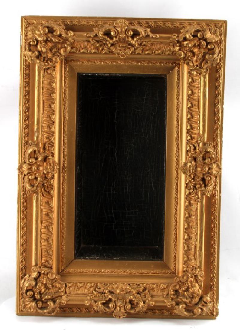 SHADOW BOX MADE FROM ANTIQUE FRAME: 7.5" wide x 15.5" high x 5" deep. Antique gilt frame repainted, Crackled painted inside, no glass. Very good condition.