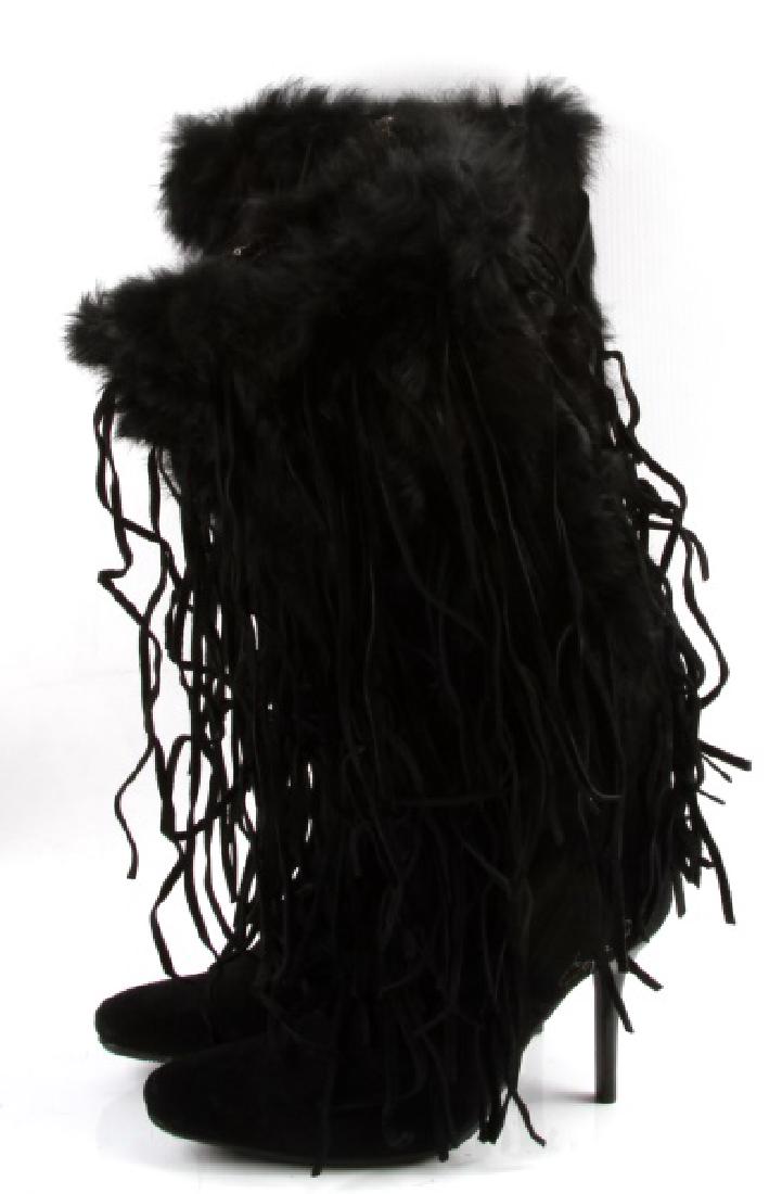 SAHARA BREEZE BOOTS BY CAPELTA COUTURE SIZE 7.5: A pair of Brazilian Capelta Couture Sahara Breeze stiletto heel suede boots size 38 (US Size 7). The boots are black suede with rabbit fur accents: shaft 17-1/2 inches, calf 16-1/2 inches, heel 3-1/2