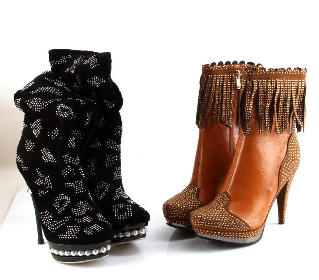 LADY COUTURE STILETTO HEEL BOOTS SIZES 7 & 8: One pair of Bellagio-2 style Lady Couture boots in color "Cognac" size 38 (US Size 8). The boots are leather with leather tassels and rhinestone accents: shaft 11 inches, Calf 11 inches, Heel 4-1/2 in