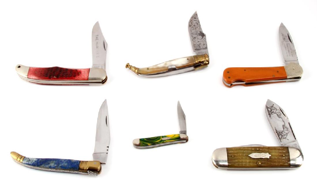 LOT OF SIX VINTAGE HIGH END CASE & SOLINGEN KNIVES: Half a dozen vintage high-end rare pocket knives lot includes; One Honest Abe 2-blade pocket knife marked "The Hunter II" etched on blade measures 9-inches with blade drawn, Case green and yellow swir