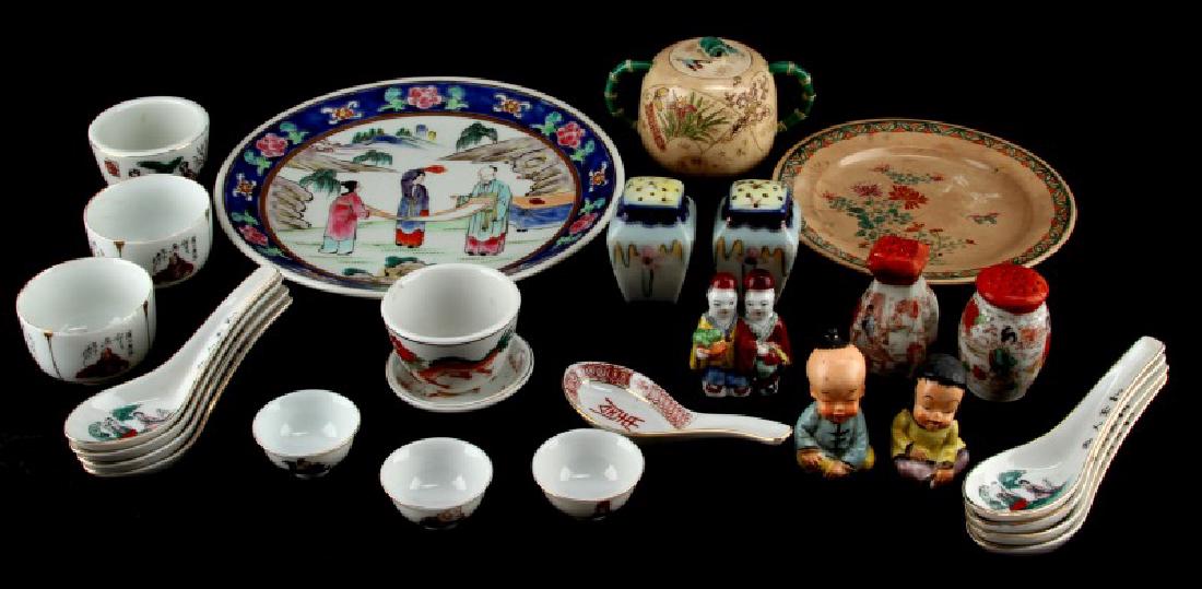 MIXED LOT OF ASIAN PORCELAIN TEA SALT PEPPER SAKE: Mixed lot Asian porcelain. Includes: spoons, 3 sets of salt and pepper shakers, dual snuff bottle, tea cups, sake cups, one 10 inch plate, one hand-painted Chrysanthemum plate and sugar pot. One tea c