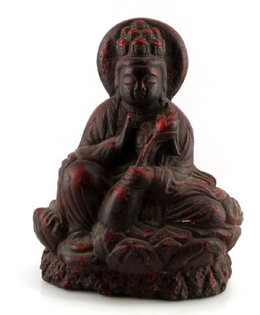 BUDDHIST ELEVEN-HEADED KANNON BODHISATTVA STATUE: Ceramic statue of representing the deity of Kannon, the bodhisattva form of the Eleven-Headed Kannon Ekadashamukha. Measures 16" high. Accented in red paint. Some loss to finish; in very good conditio
