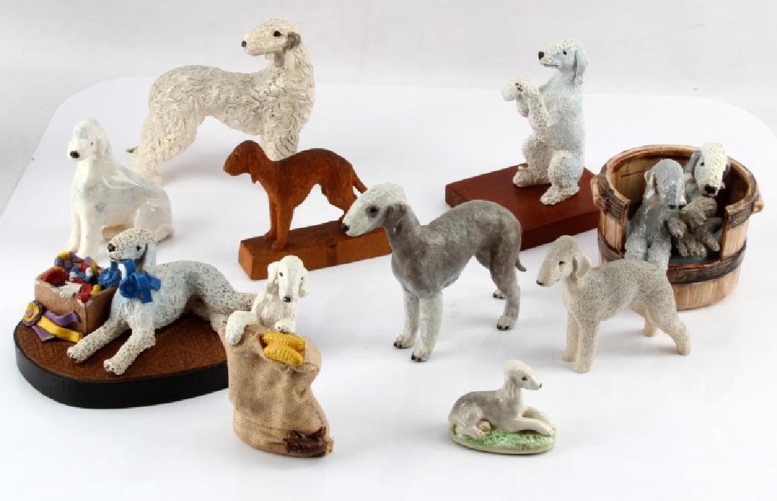 11 BEDLINGTON TERRIER DOG FIGURINES: 11 small sculpture of Bedlington terriers, a shaggy dog with pronounced topknot. Dogs are made from various materials including wood, porcelain, earthenware, and resin and range in height from 2.5" to