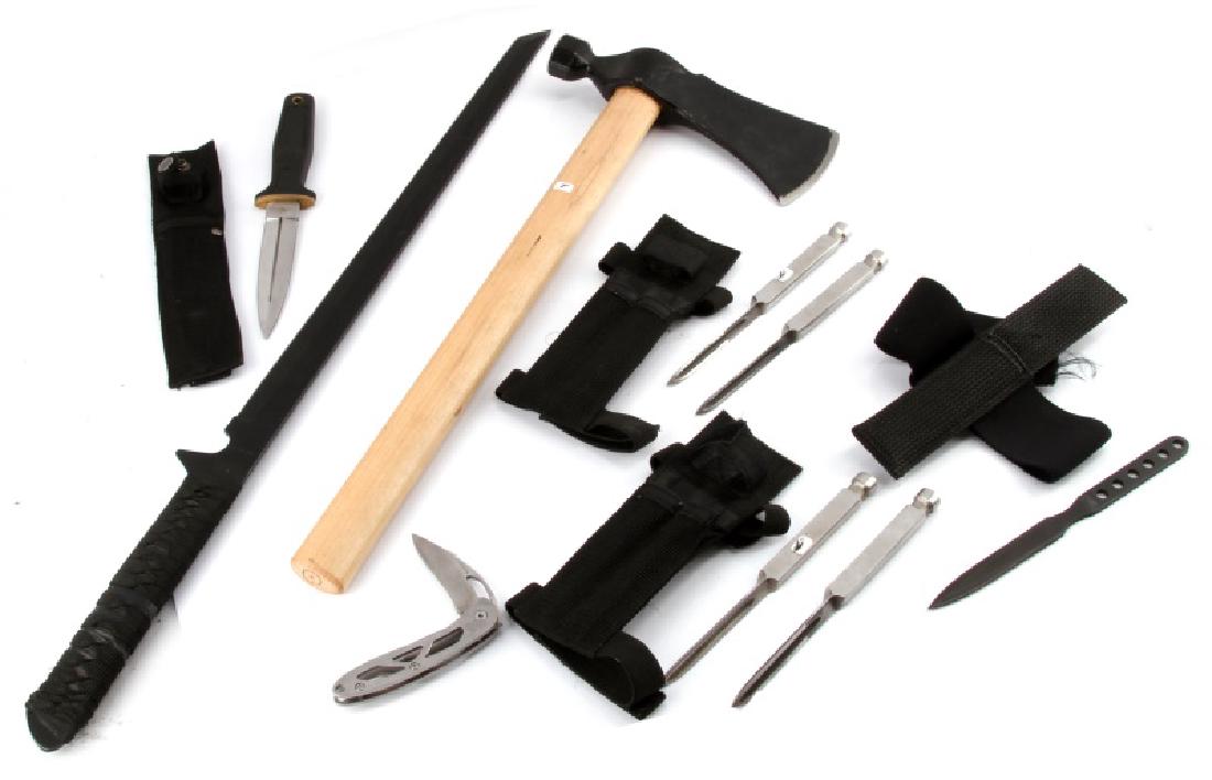 MIX LOT OF KNIVES AXE MACHETE THROWING SPIKES: Mix lot of blades. Includes, 4 throwing spikes, 1 throwing knife, 1 hatchet, 1 machete/sword, 1 husky pocket knife, and 1 West Mark knife. All items in great condition. Throwing spikes, throwing knife
