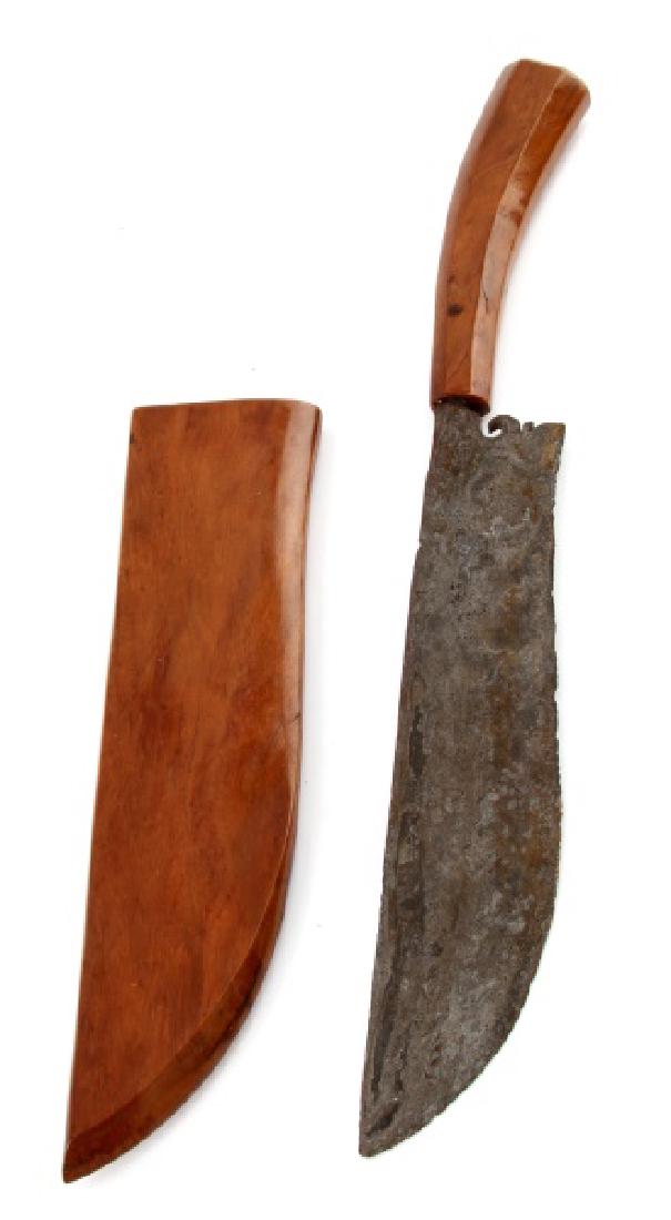 INDONESIAN DAMASCUS STEEL BLADE JAVA: 12" total length, 8" blade. with fitted wood scabbard. Blade has heavy pitting and oxidation. Tang is loose in hilt. some splitting of wood.