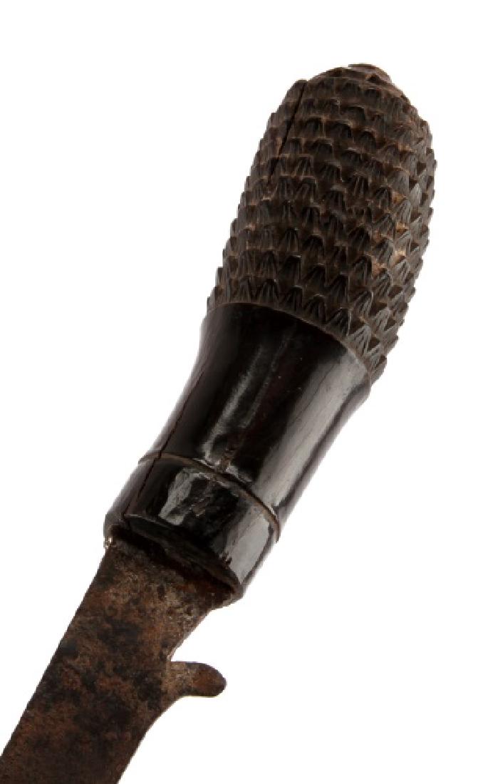 INDONESIAN LONG BLADE PEDANT RAWIT PENDANG: Indonesian Peddant or Malaysian Pendang Suduk style blade. 21.5" total length, 18" blade. Carved wood grip.