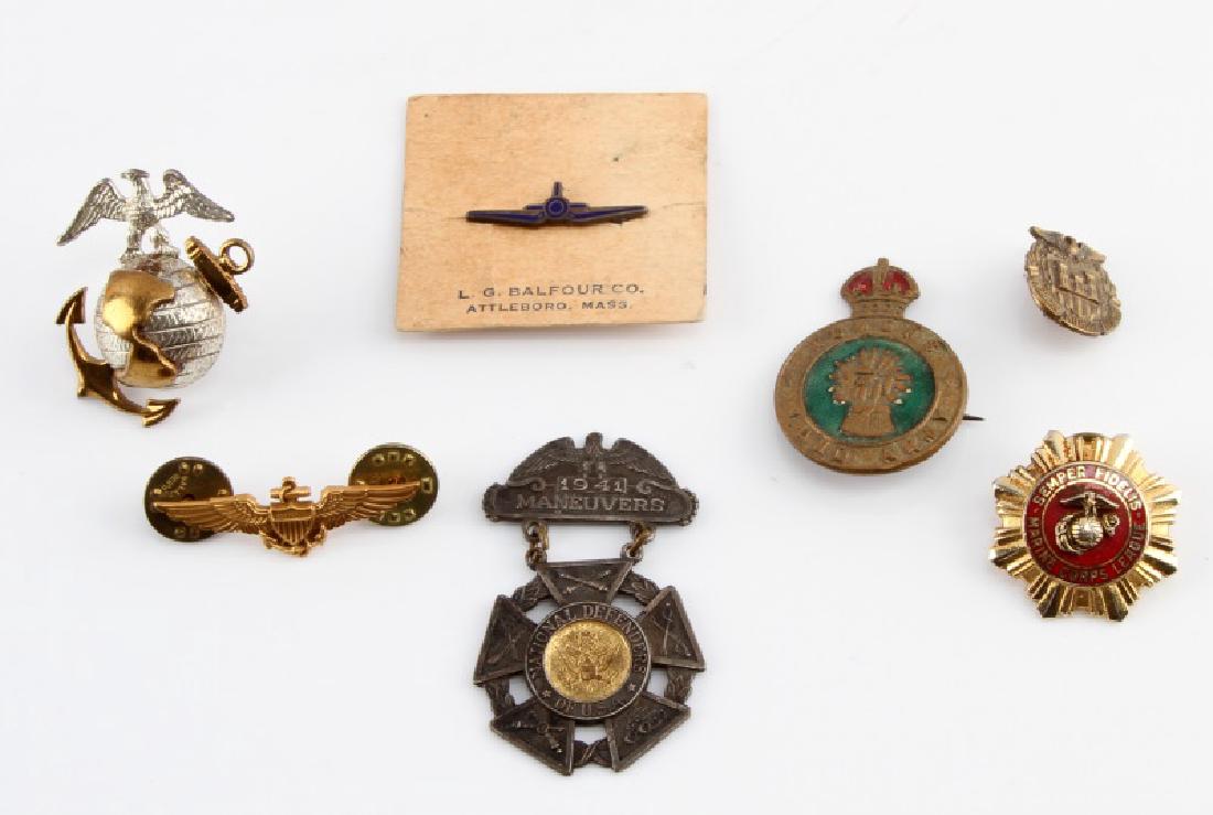 WWII TO VIETNAM USMC F4U AVIATOR UNUSUAL PIN LOT: includes still on tag, Balfour F4U fighter pin 30mm, sterling EGA 35mm, USMC badge, unusual 1941 Maneuvers medal, with lord's prayer on reverse, 1.5 inch Balfour pilots wings, British Womens Land Army