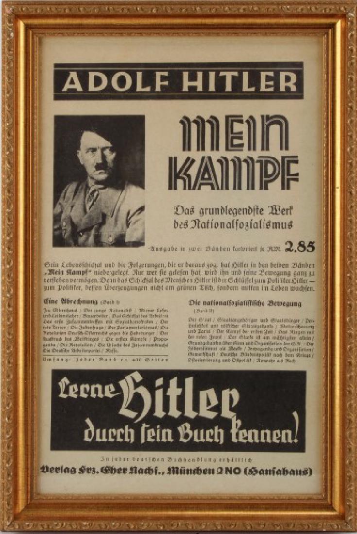 MEIN KAMPF ADVERTISING POSTER FRAMED ADOLF HITLER: WWII German poster promoting Adolf Hitler's autobiographical manifesto Mein Kampf. Overall very good condition. 15" x 22.5" framed. Print is in very good condition, frame has a few small areas of loss