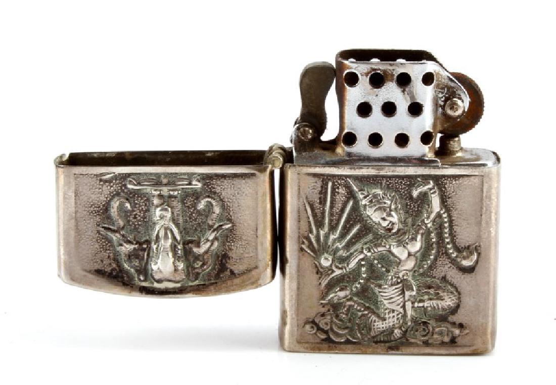 VIETNAM THAILAND SIAM SILVER COMMAND PILOT LIGHTER: Stamped Siam Sterling on base, command pilot wings, Tiger, Goddess and elephant, will not close all the way, measures 55mm.