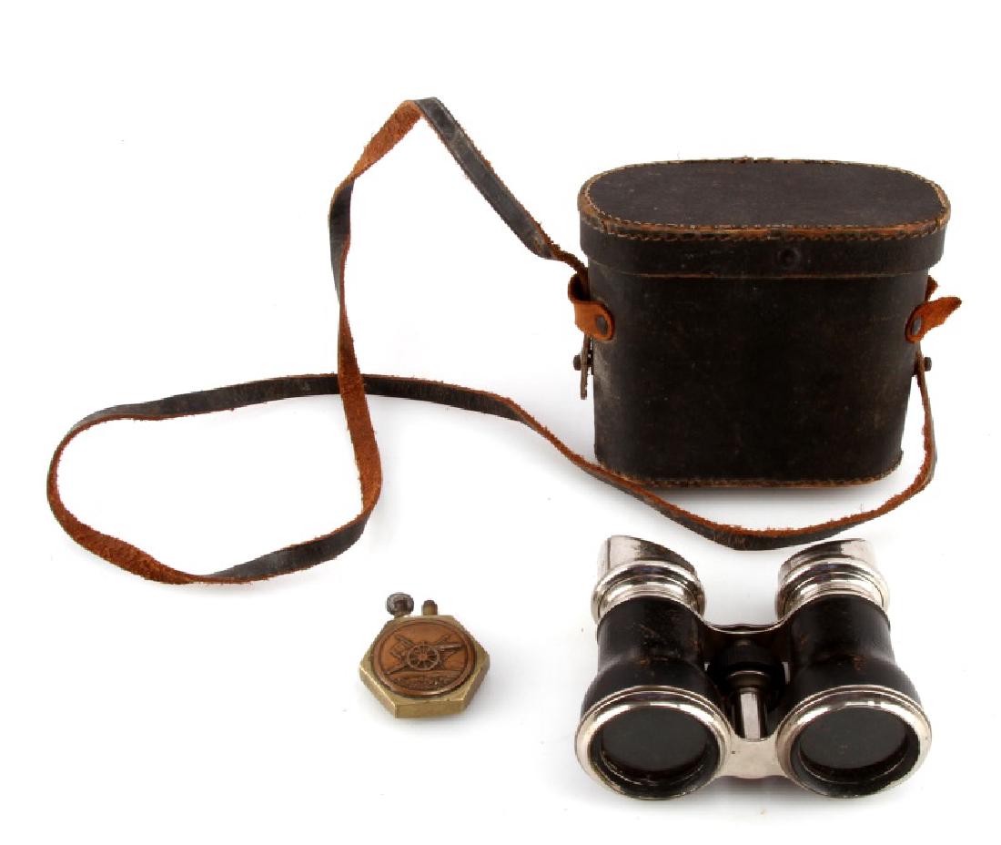 WWI NAMED TRENCH ART ARTILLERY LIGHTER BINOCULARS: These items belonged to First SGT. Joseph B. Bessette it is on the top of the Jockey Club Paris Binoculars, also J.O.B. inscribed on side of Artillery and General Foch trench art lighter, top is loose