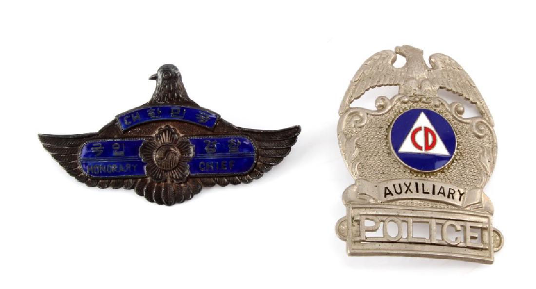 CIVIL DEFENSE POLICE BADGE & KOREA HONORARY CHIEF: CD Auxiliary police badge, screw back hat badge 3 inches. Also interesting Korean enameled badge in Korean and in English Honorary Chief.