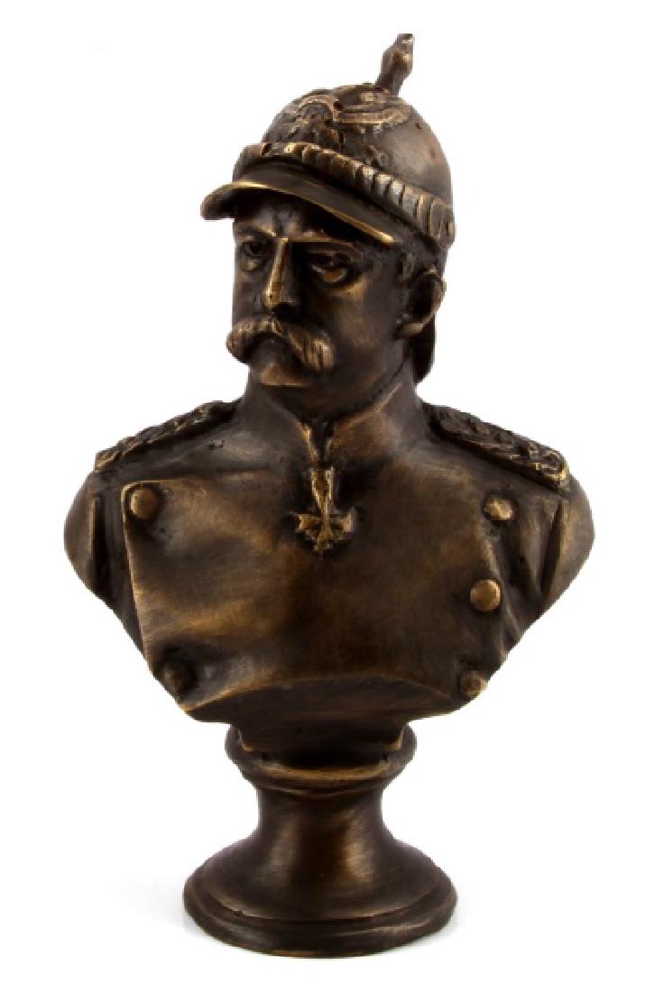 GERMAN BRONZE TABLE STATUETTE OTTO VON BISMARCK: Light wear present to statuette; overall in very good condition. Unauthenticated as is. This lot has a reserve.
