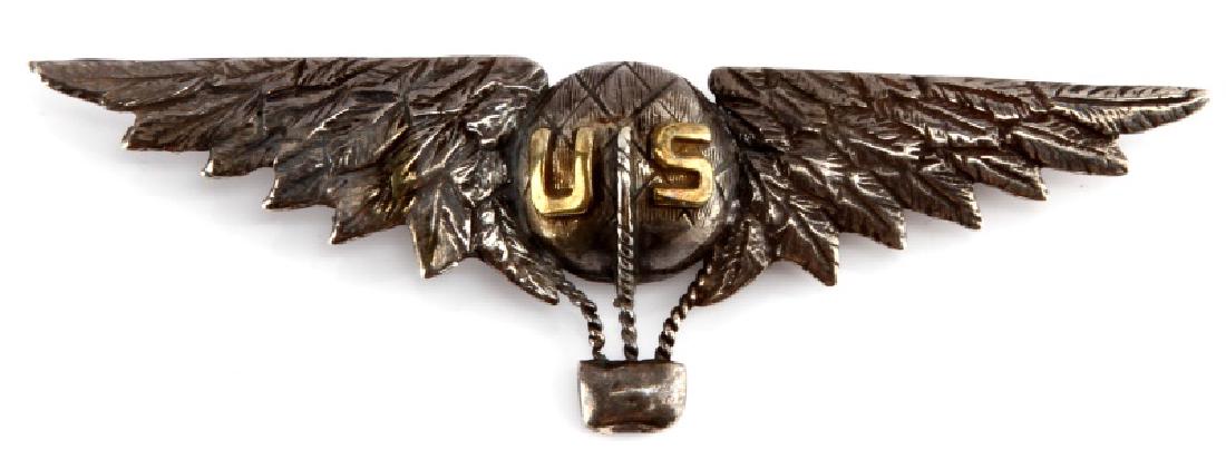 U.S AIR CORPS WWI AERO AVIATOR BALLOON PILOTS WING: U.S Air Corps WWI aero aviator balloon pilot's wing. Measuring 3 3/8'' wide by 1 1/16'' tall . Obverse side is maker marked "Lebreve Paris" Also marked "935" for the silver content. Has a thin horizon
