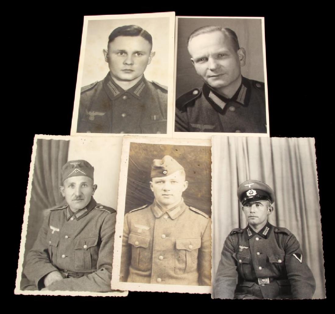WWII GERMAN ARMY COMBAT SOLDIER PHOTO POST CARDS: Photograph postcards of five WWII German Army enlisted soldiers. None of the postal cards were mailed. One has writing on the back (in german), one was at some point mounted to black paper. One has se