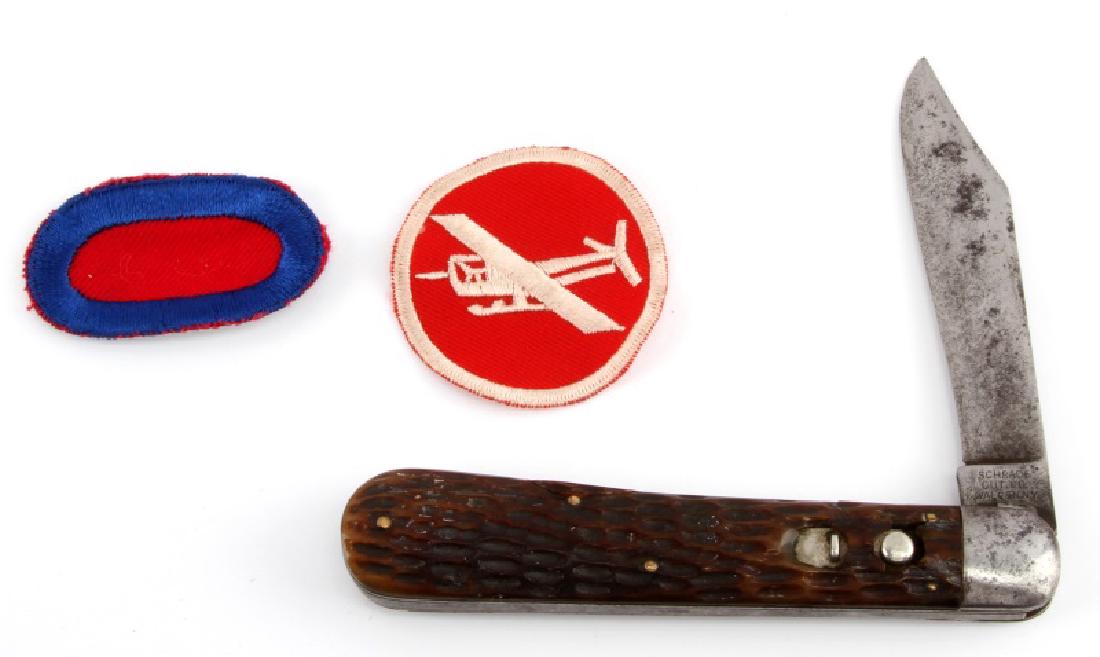 WWII US ARMY AIRBORNE PARATROOPER COMBAT KNIFE: US World War II Army Airborne Paratrooper Combat Knife. Measures 8 1/2" long with the blade open. It is marked 'Schrade Cut Co Walden NY' on one side and 'US Pats Dec 21 09; Sept 13 10 June 6 16' on t