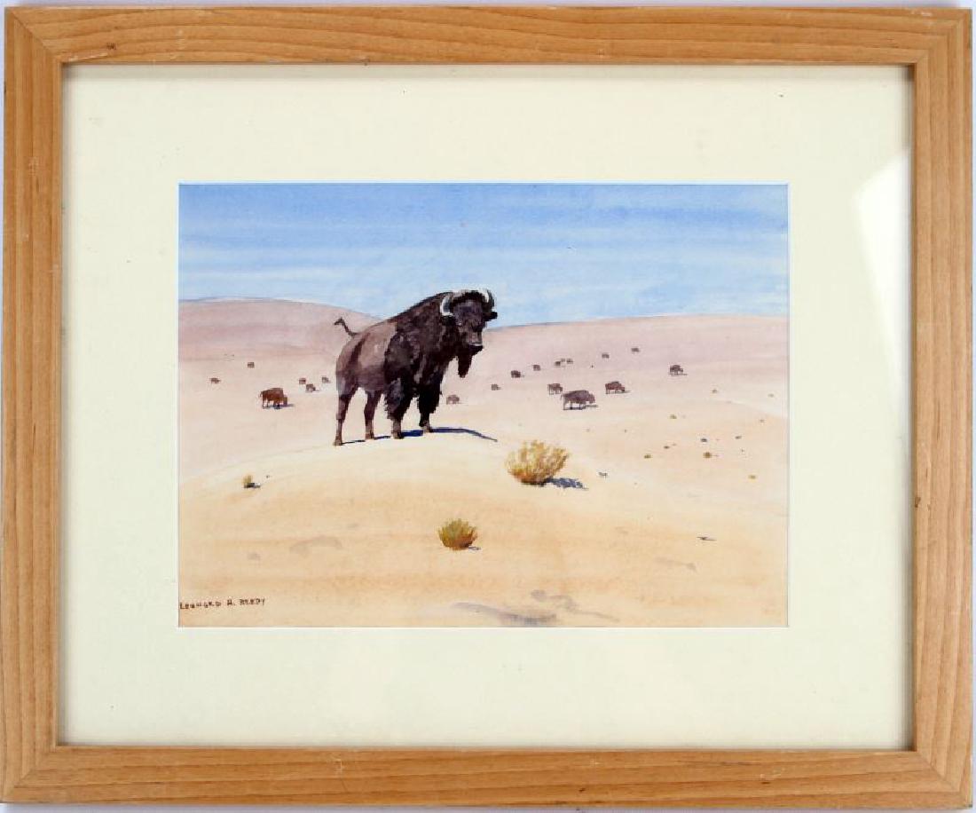 LEONARD H. REEDY WESTERN WATERCOLOR BUFFALO: Leonard Howard Reedy (American, 1899-1956) Western watercolor; American Buffalo herd in the desert. Titled under mat: "The Alarmed Buffalo", reverse marked "254". Measures 9 by 12 inches, 17 by 14 inc