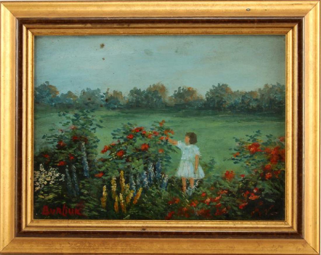DAVID BURLIUK OIL ON CANVAS YOUNG GIRL WITH FLOWER: David Burliuk, Russian and Ukrainian Neo-Primitivism, 1882-1967. Portrait of a young girl with flowers. 24 x 30 cm framed to 30 by 38 cm. Very good condition with a few long fine cracks in the paint. 