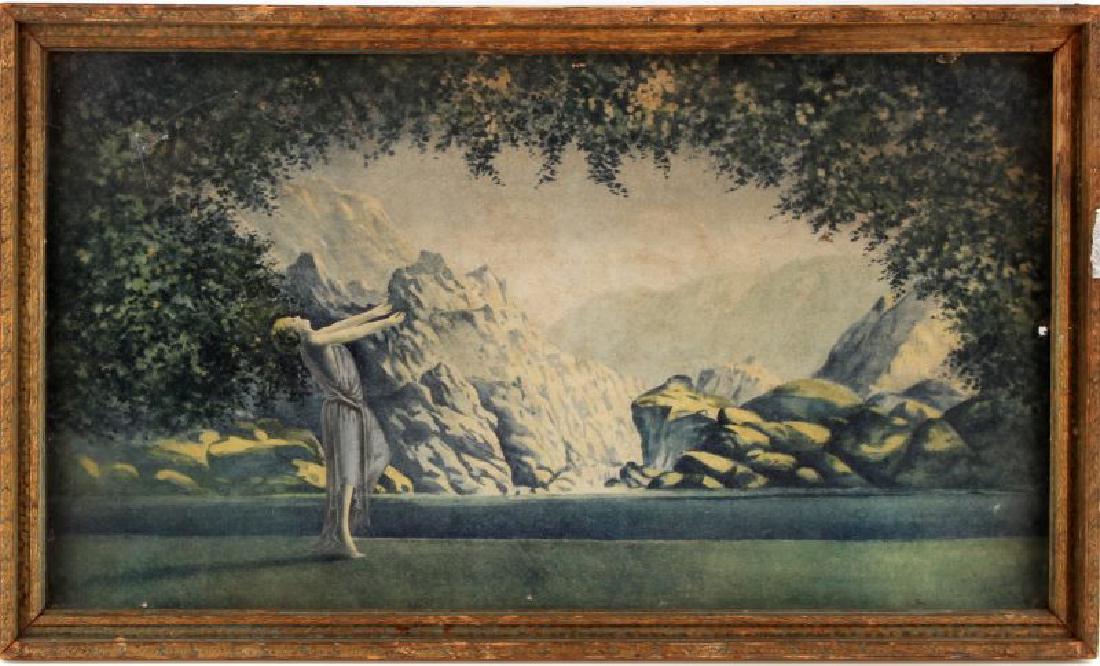 MAXFIELD PARRISH FRAMED PRINT OF A YOUNG GIRL: Measures 19" wide by 11" tall. Print has cracks and nail holes from where is was framed. This lot has a reserve.