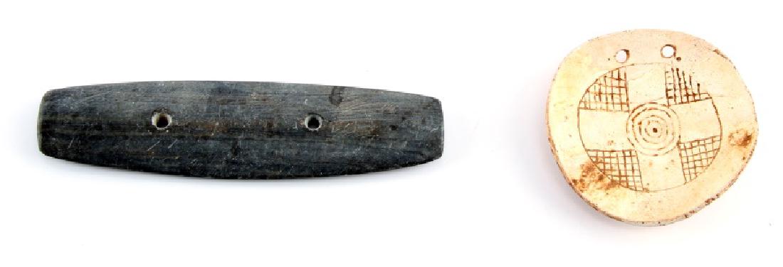 WOODLAND & MISSISSIPPIAN WHELK GREENSTONE GORGETS: Tennessee Whelk shell gorget, 60mm, geometric incised, and 115 mm polished two hole greenstone gorget, from long time private collection.