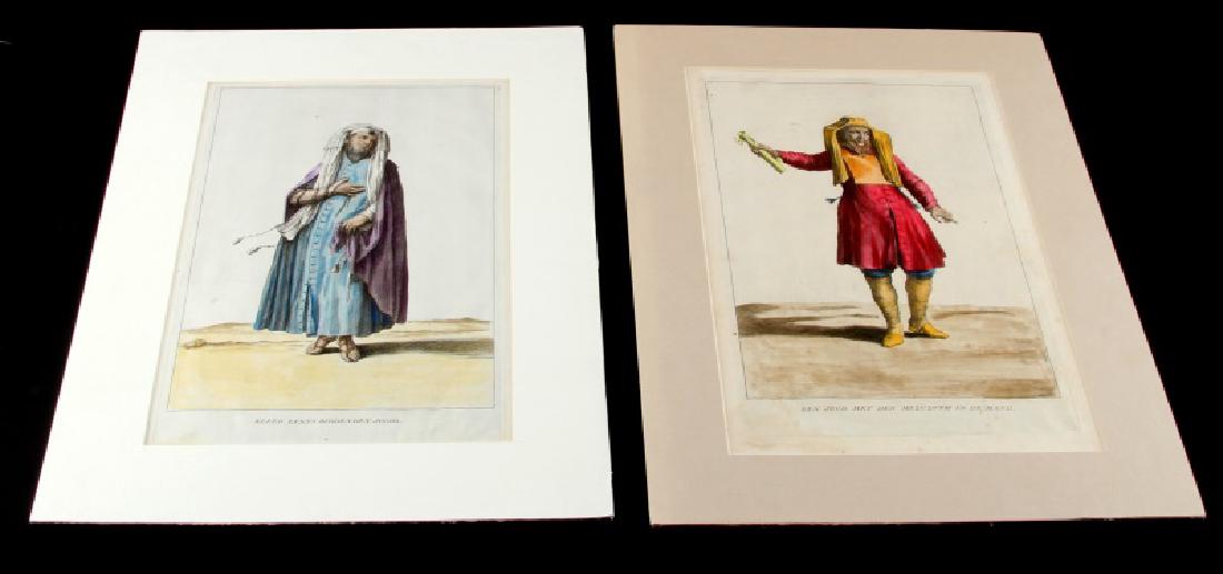 A. CLAMAT COLORED JEWISH ENGRAVINGS, 1720S: Augustines Calmet prints depicting Jewish people. "Kleed eenes Biddenden Joods" and " Een Jood met den Mezuzoth in de Hand". Each measures 15.25" x 10".