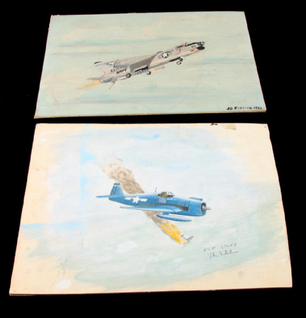 EARLY JOHN FICKLEN STUDIES OF MILITARY AIRCRAFT: Two signed small renderings of US fighter aircraft on canvas board. One 9-3/4 inches by 11-1/2 inches watercolor depicting WWII Naval Ace David McCampbell downing a Japanese Zero in his Grumman F6F He