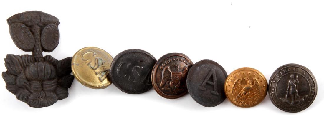 CSA CONFEDERATE VETERANS BUTTON & BADGE LOT: All deemed post war veterans encampment buttons. The buttons include Artillery, CSA, General staff and a Virginia state button including a gilt brass one piece, 3 are pewter three brass, all coat butt