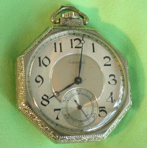 1924 Waltham Octagon White 14kt Gold Pocket Watch