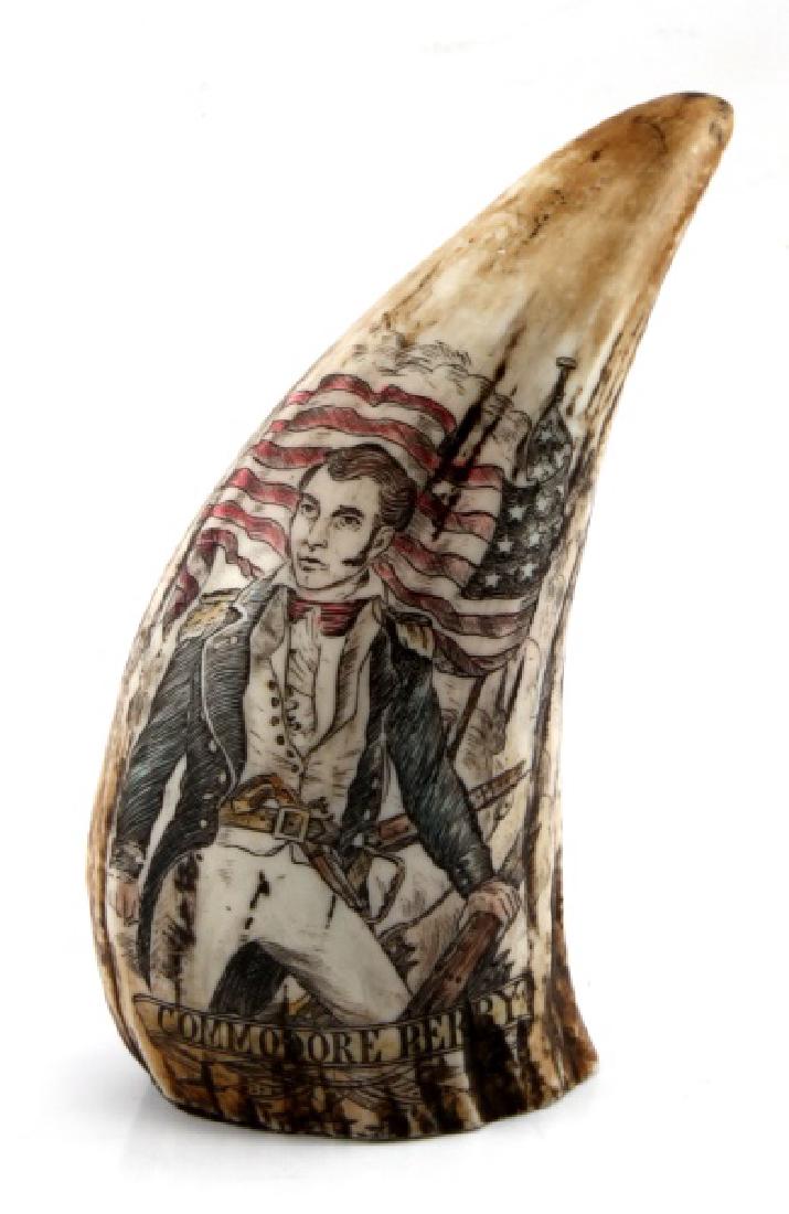 FAUX SCRIMSHAW COMMODORE PERRY COLORED TOOTH: 5.25" high scrimshaw resin sperm whale tooth. Smooth solid base, made to appear aged. Decorated with US Navy Commodore Matthew C. Perry and American flag. Excellent condition with intentionally applie